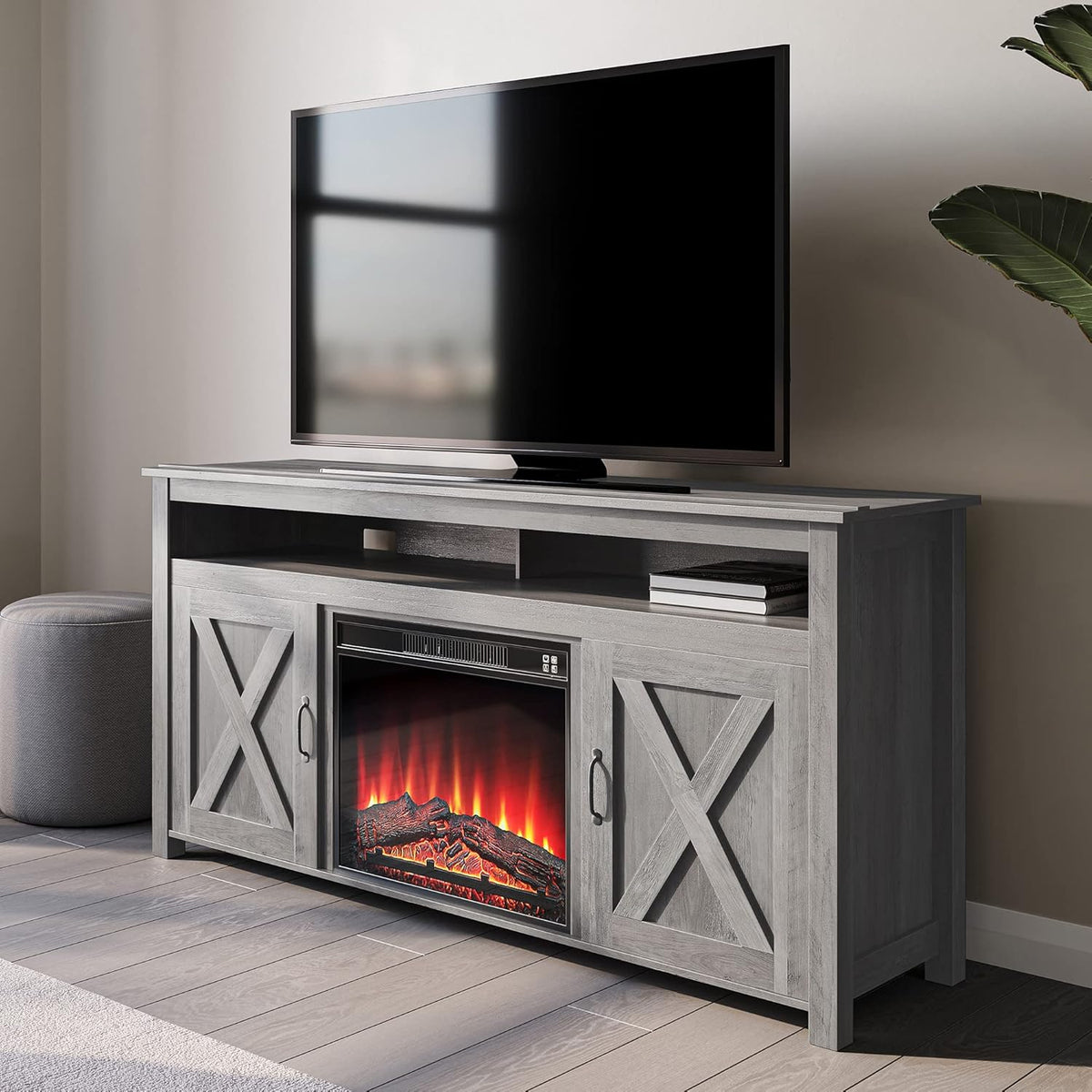 Modern Barn Door Wood Electric Fireplace TV Stand with Two Open Shelves and Cabinets Y310065
