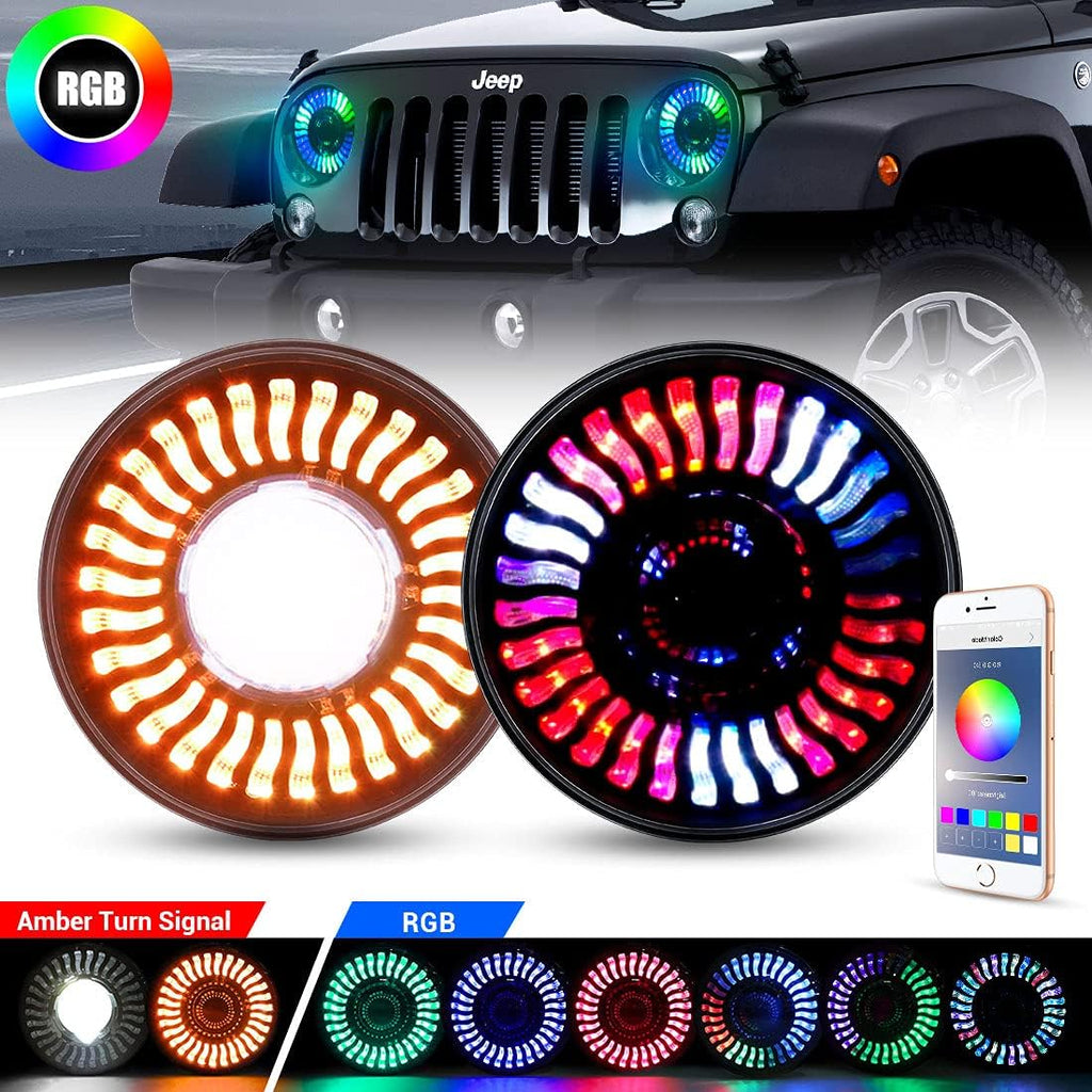 7 Inch Round LED Headlight with Amber Turn Signal, High Low Beam 2PCS R26373