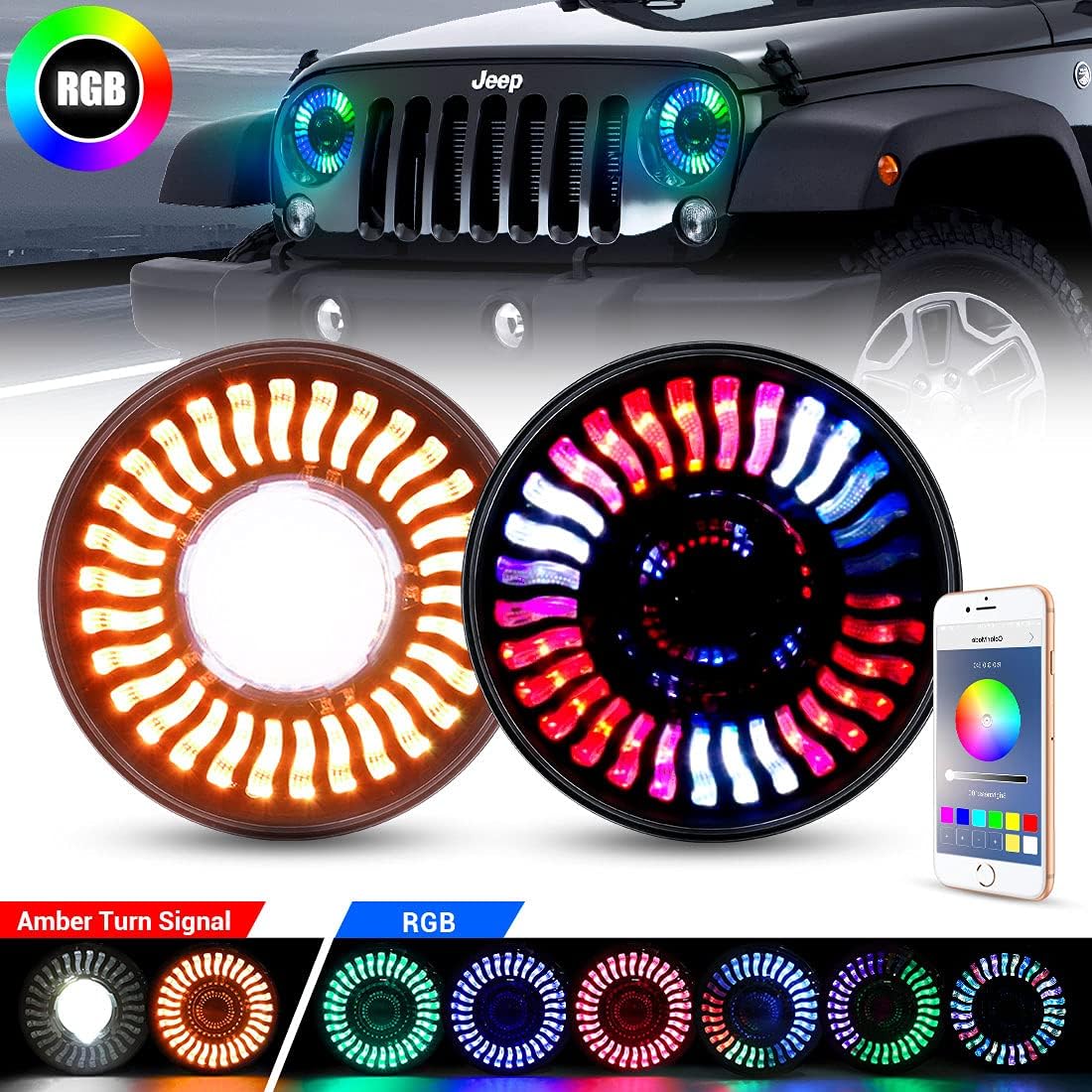 7 Inch Round LED Headlight with Amber Turn Signal, High Low Beam 2PCS R26373