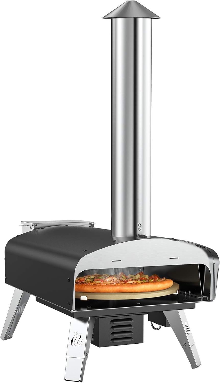 Black Portable Wood Pellet Pizza Oven with 13" Pizza Stone & Foldable Pizza Peel F3096
