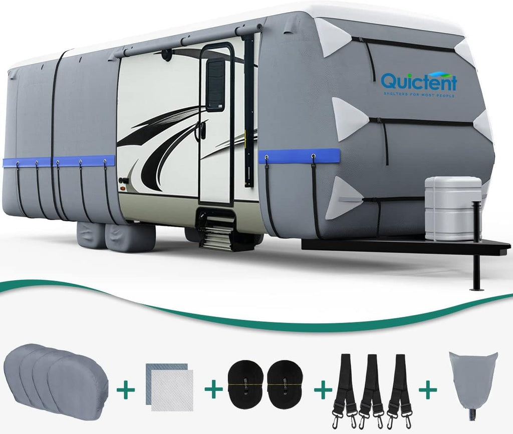 Extra-Thick 6-ply Travel Trailer RV Cover with 2 Windproof Straps, 4 Tire Covers D654810