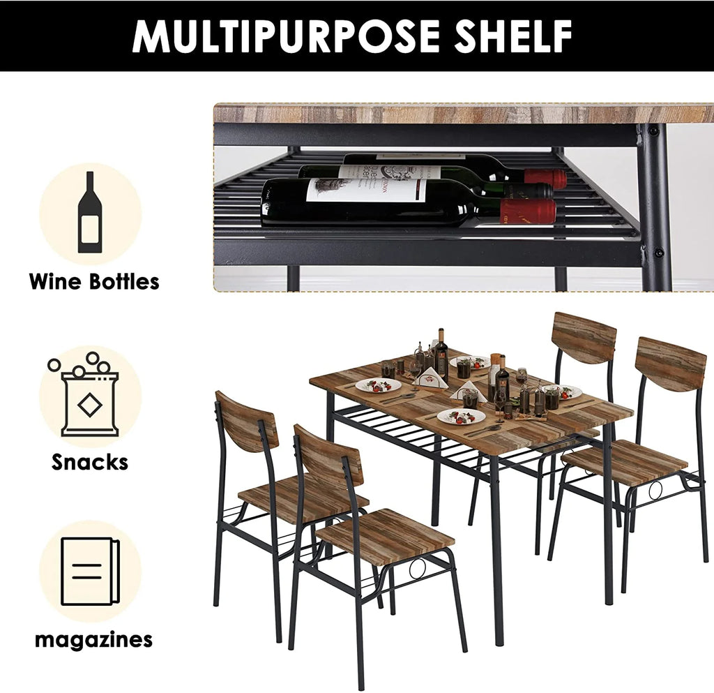 5 Piece Dining Table Set with 4 Chairs and Storage Rack, Wooden Top and Metal Legs, Rustic Brown H164209
