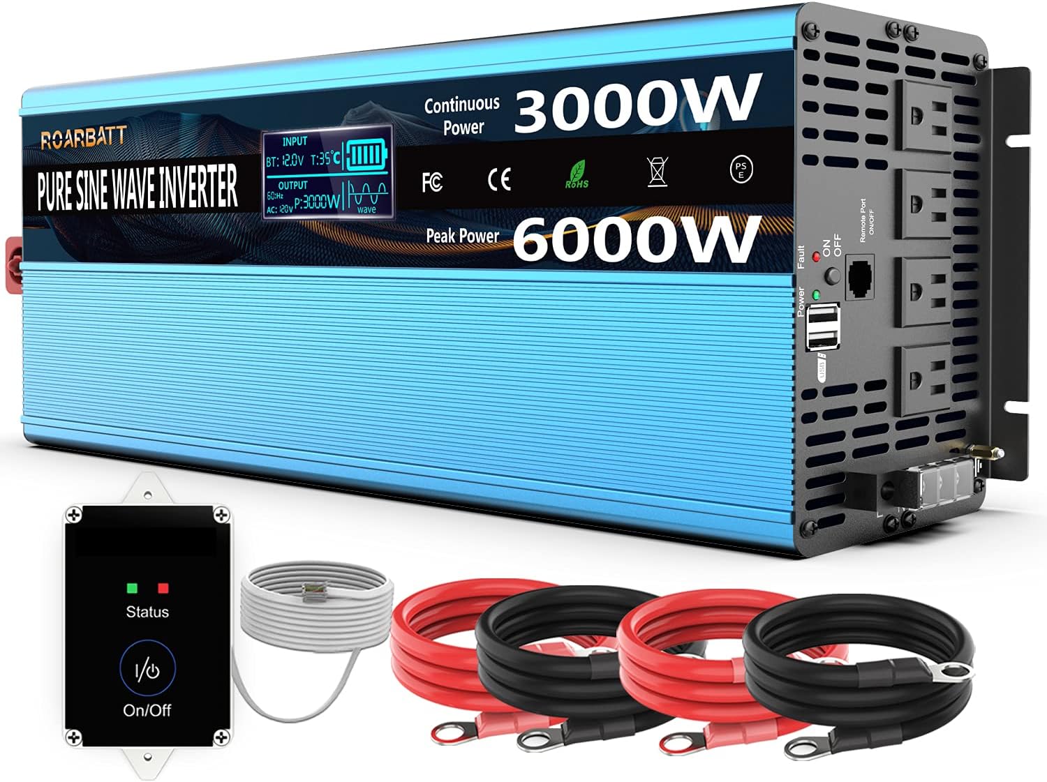 3000Watt 12V DC to AC 110V 120V Power Inverter with Remote Control 4 AC Outlets Dual USB Port B5989