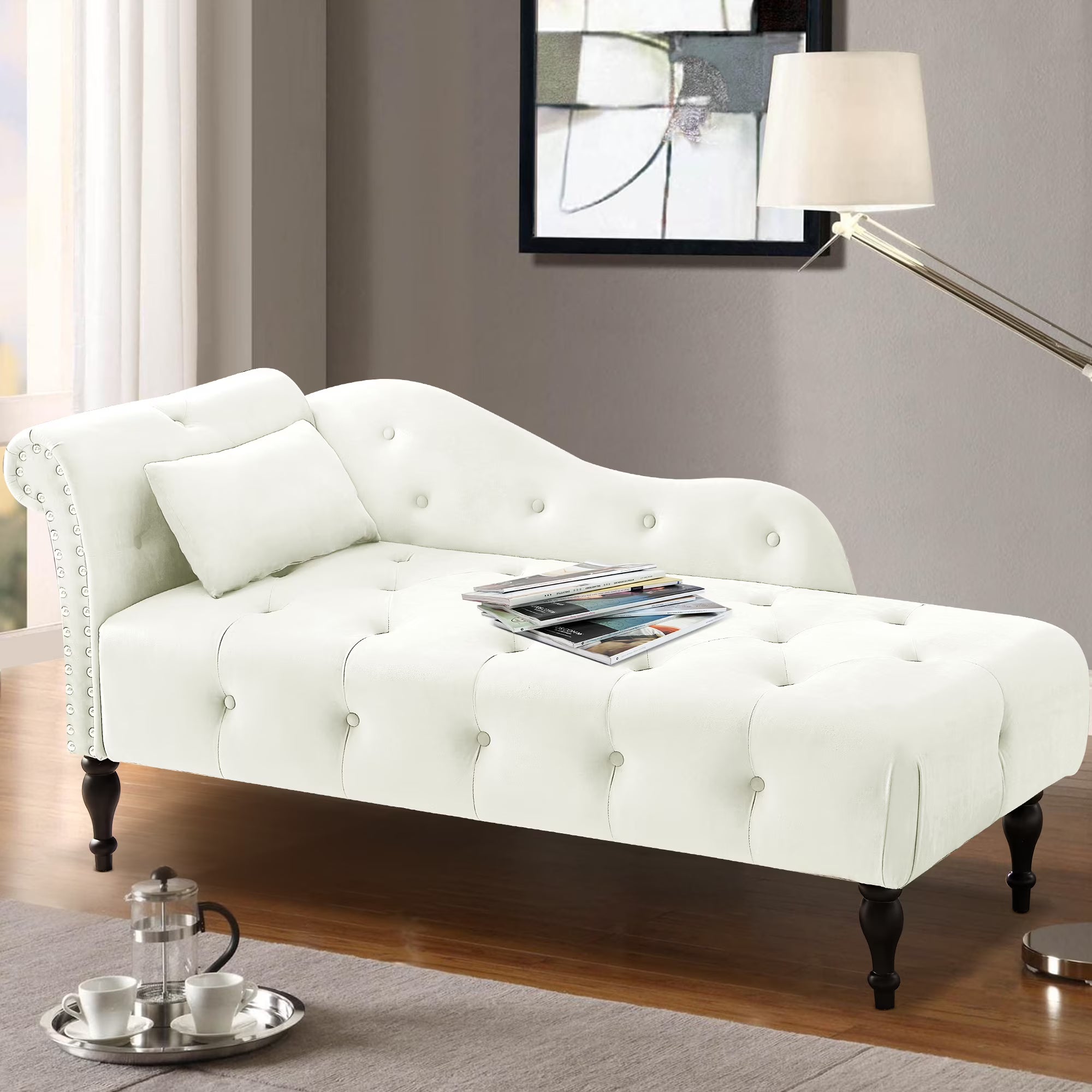 White Velvet Rolled Arm Chaise Lounge N9778