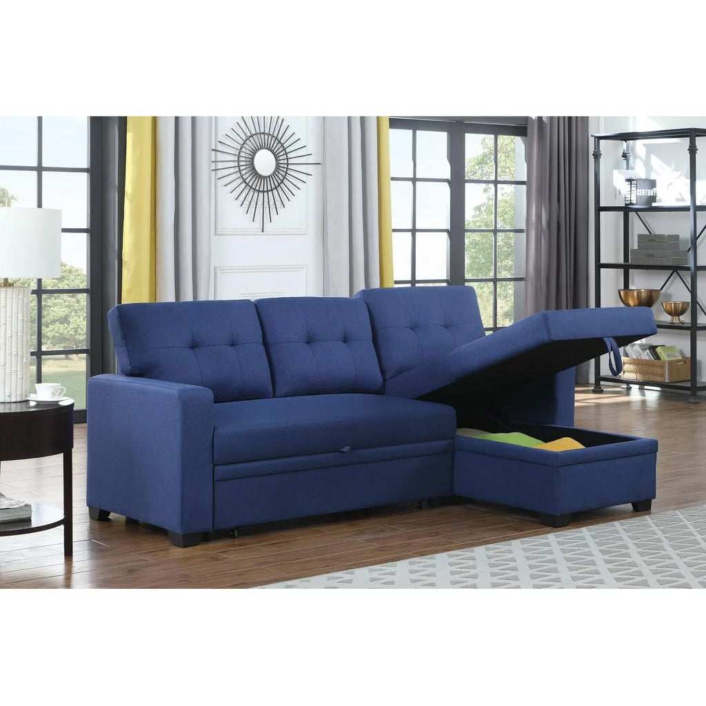 Blue Polyester Reversible Sleeper Sectional Sofa Y32099