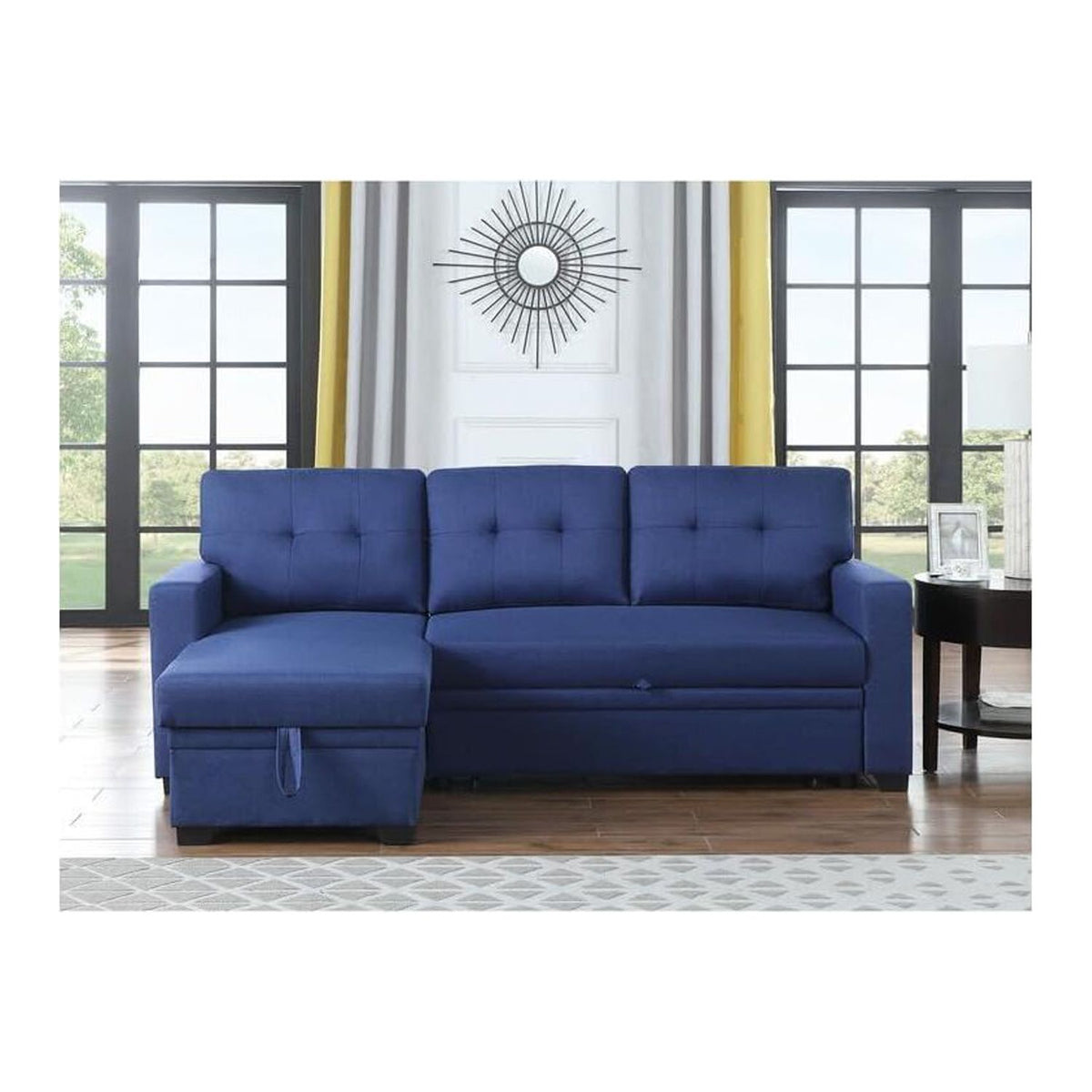 Blue Polyester Reversible Sleeper Sectional Sofa Y32099
