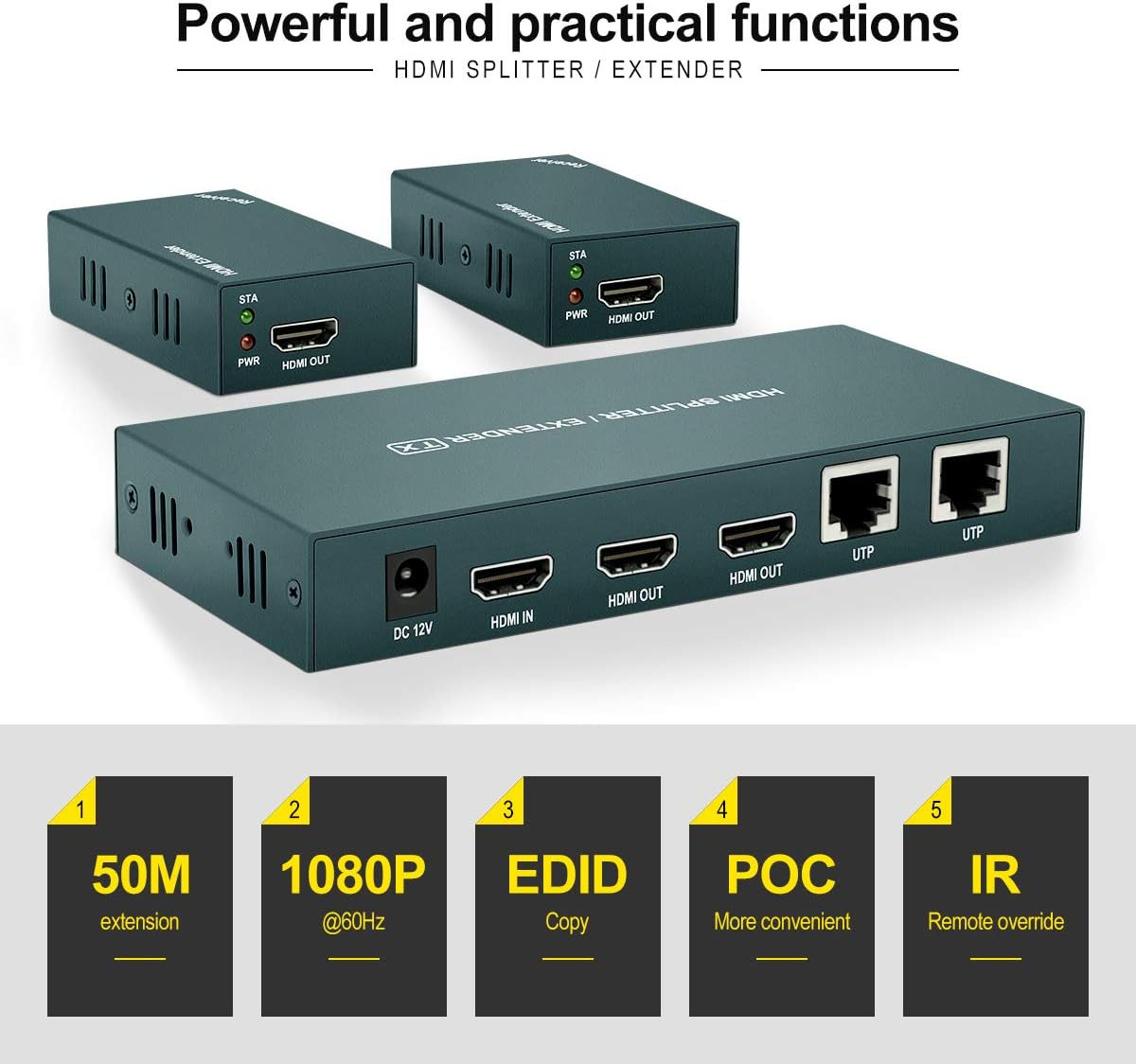 HDMI Extender Splitter 1x2 with IR, 2 HDMI Loop Out, Pack of 2 E345132