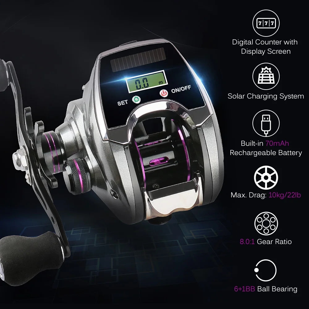 6+1BB 8.0:1 Ratio Digital Display Baitcasting Reel with Line Counter Solar Charging System G7194