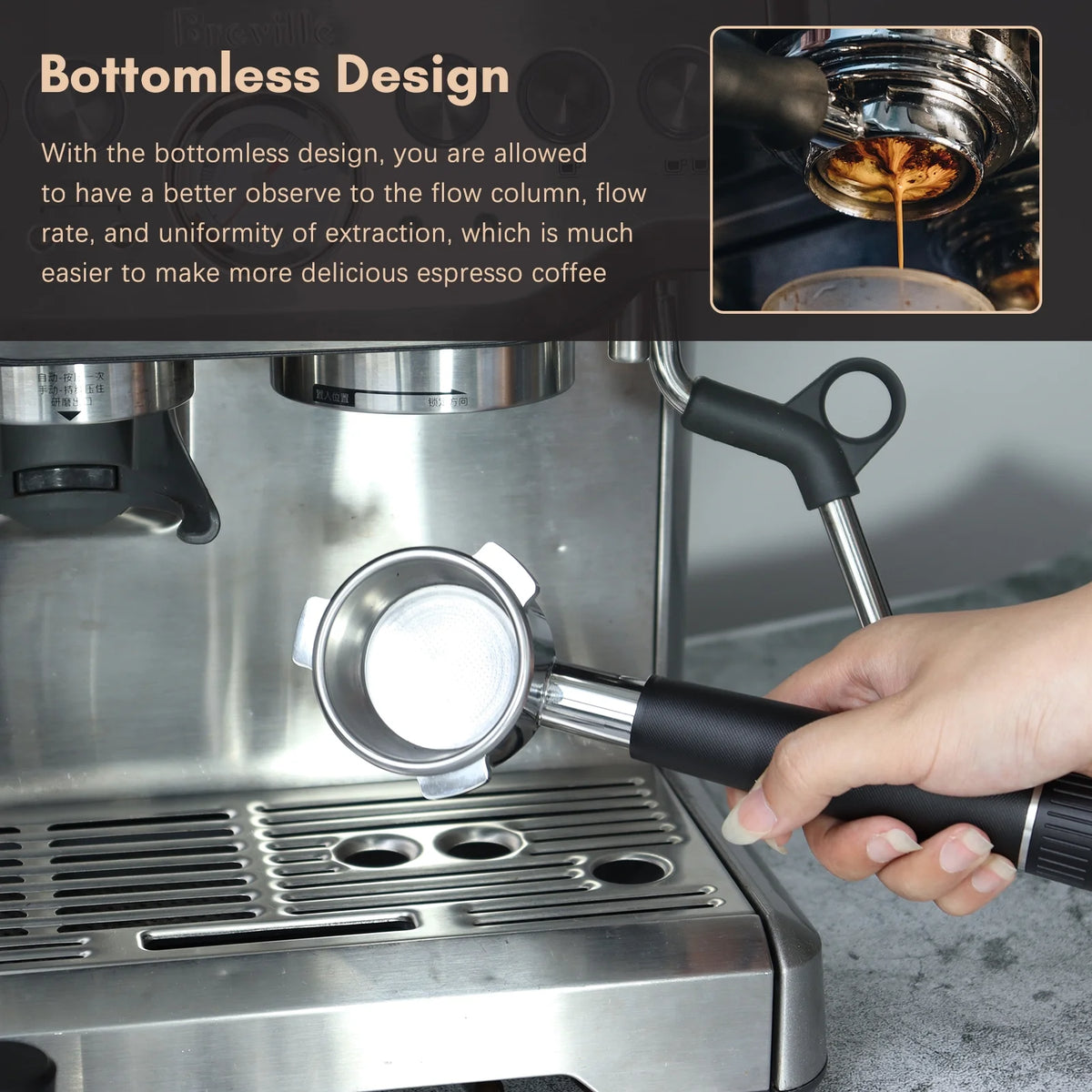 54mm Bottomless Portafilter for Coffee Machine, Stainless Steel Head H2532