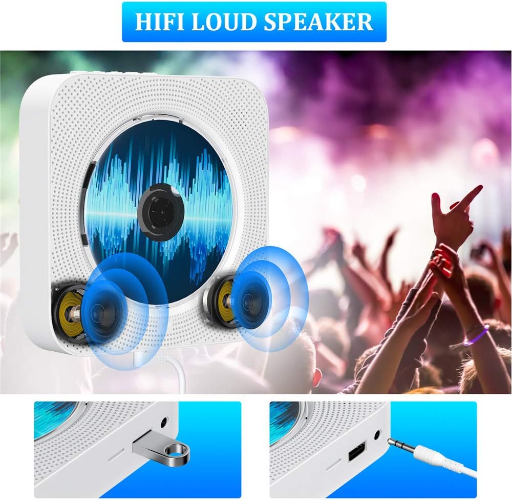 CD Player with Bluetooth, Portable Wall Mountable CD Player with Dust Cover, Home Audio Boombox with Remote Control FM Radio Colorful Light MP3 Headphone Jack AUX Input Output Pack of 2 Q9175