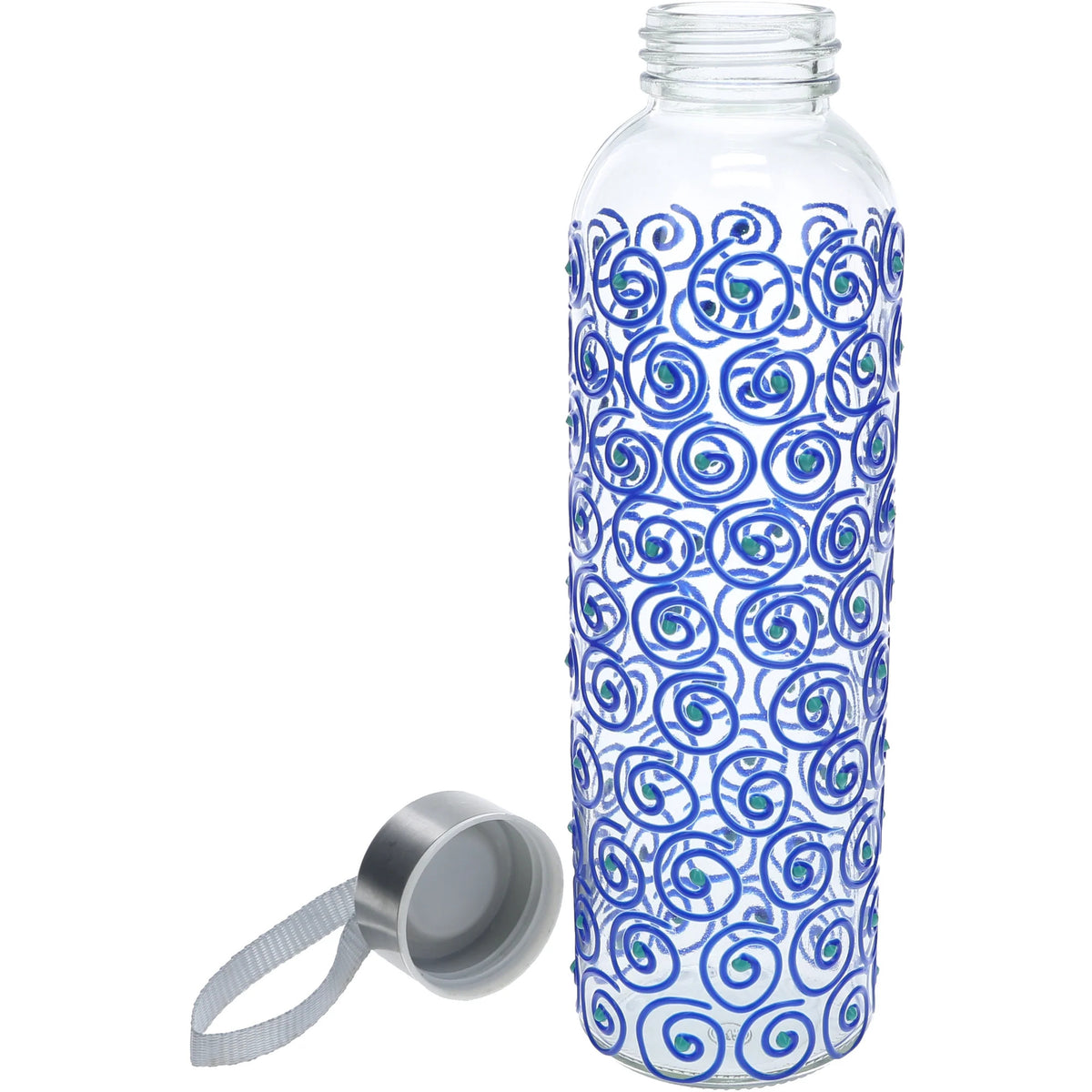 Blue Swirl 16.5 oz Hand Decorated Glass Water Bottle I1219