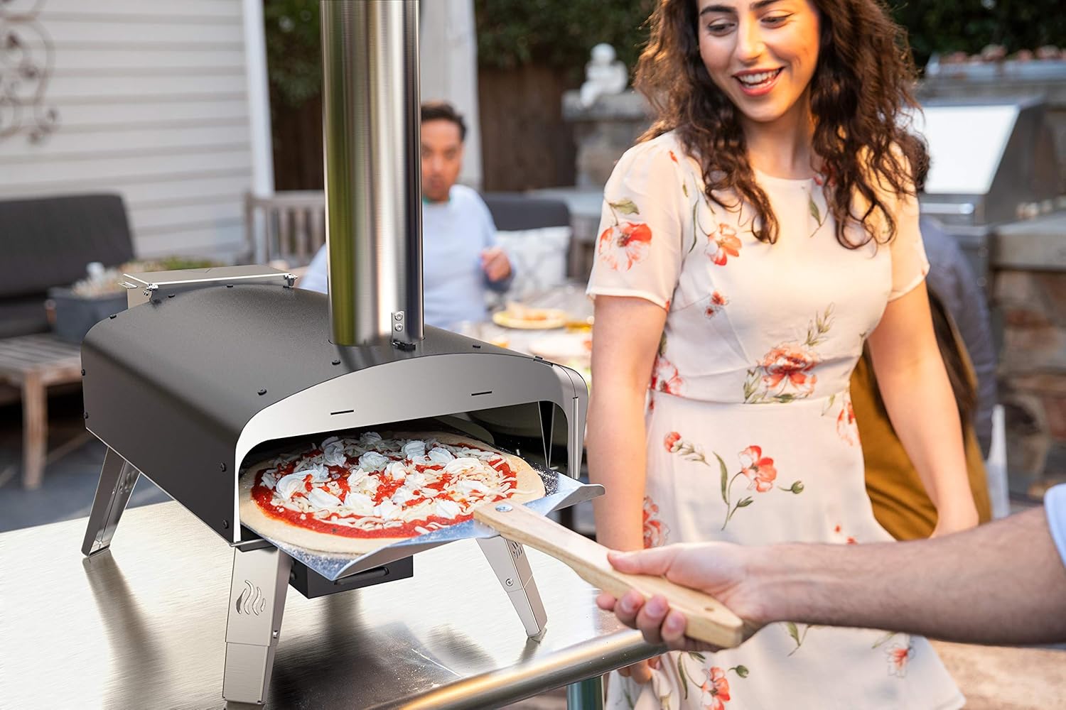 Black Portable Wood Pellet Pizza Oven with 13" Pizza Stone & Foldable Pizza Peel F3096