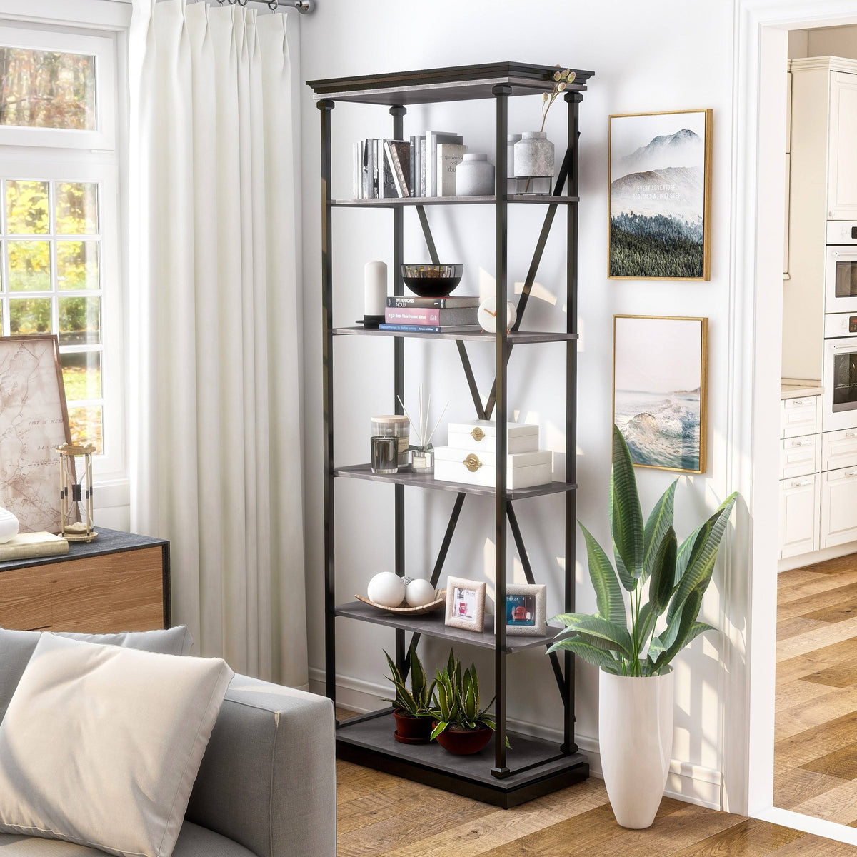 Dark Oak 5 Layer Metal Bookcase K6007