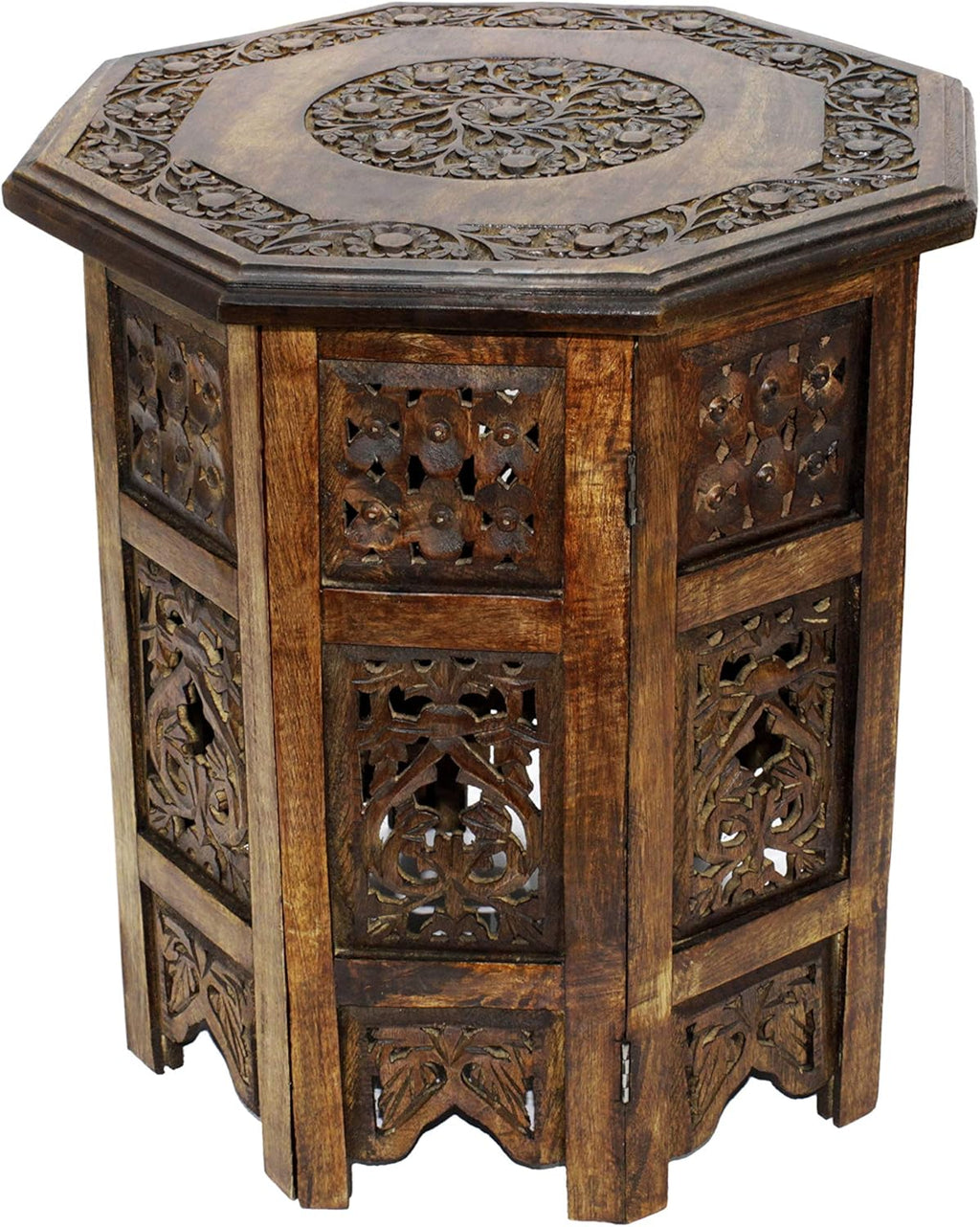 Antique Brown Solid Wood Hand Carved Accent Coffee Table, 18 Inch Round Top, Pack of 2 X9965