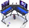 Black L Shaped Gaming Desk with LED Lights and Power Strip X6223