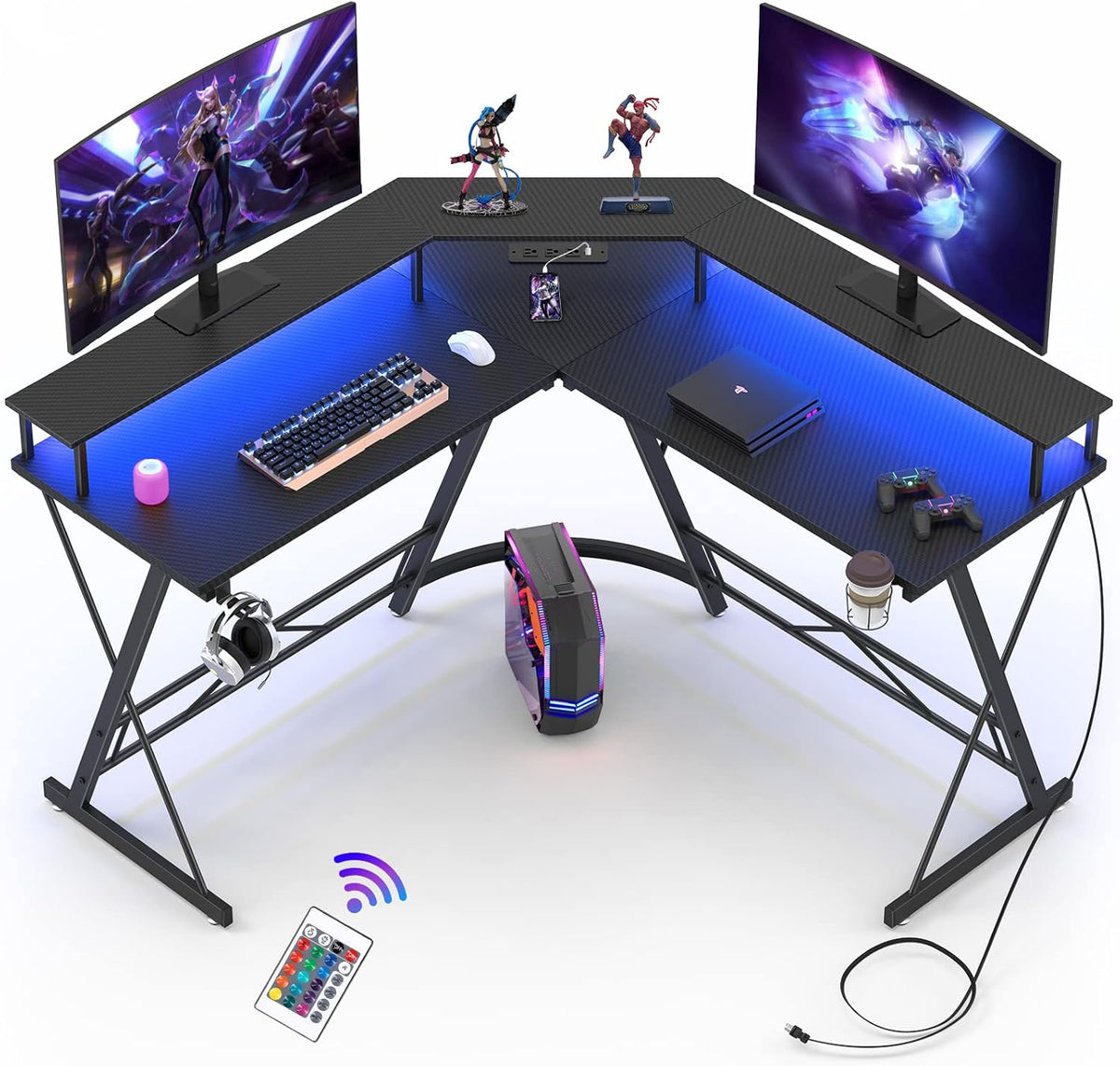 Black L Shaped Gaming Desk with LED Lights and Power Strip X6223