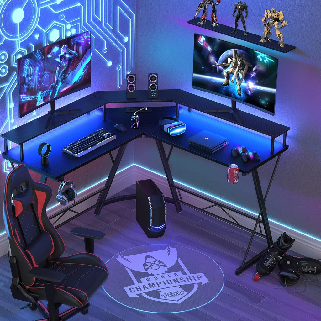 Black L Shaped Gaming Desk with LED Lights and Power Strip X6223