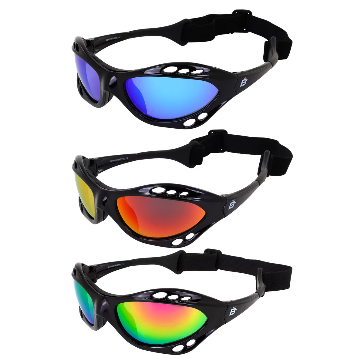 3 Pairs Padded Polarized Sunglasses with Strap Black Frame Blue Red Pink Mirror Lenses U350431