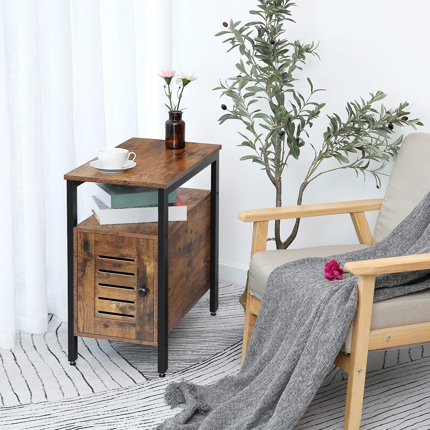Narrow Nightstand with Cabinet, Rustic Brown W737
