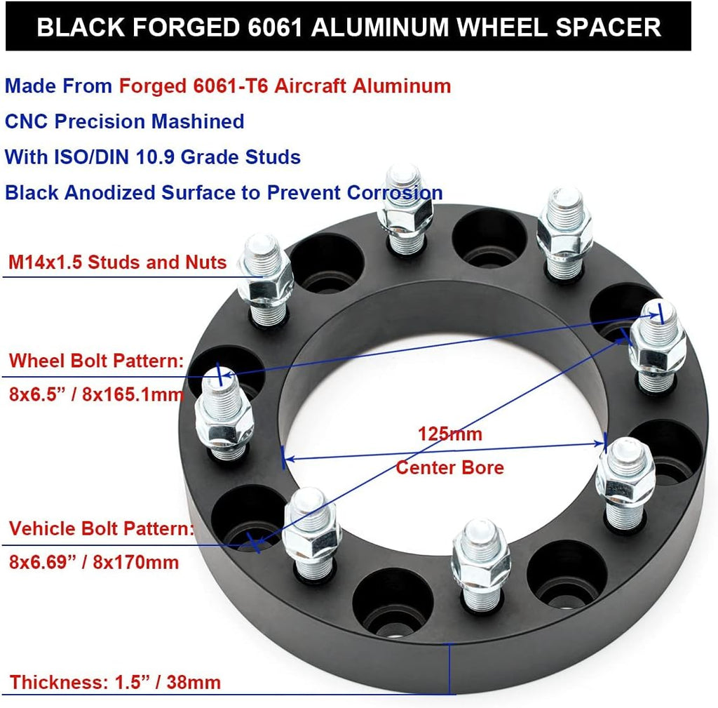Black Forged 8x170 to 8x6.5 Wheel Adapters 1.5 Inch with 14x1.5 Studs Pack of 2 R19044