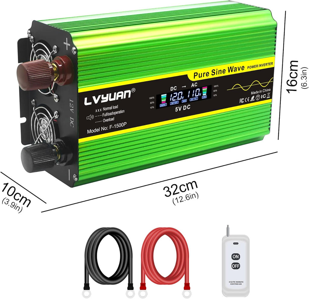Pure Sine Wave Inverter 1600 Watts DC 12V to AC 110V with Remote Controller and LCD Display S61345