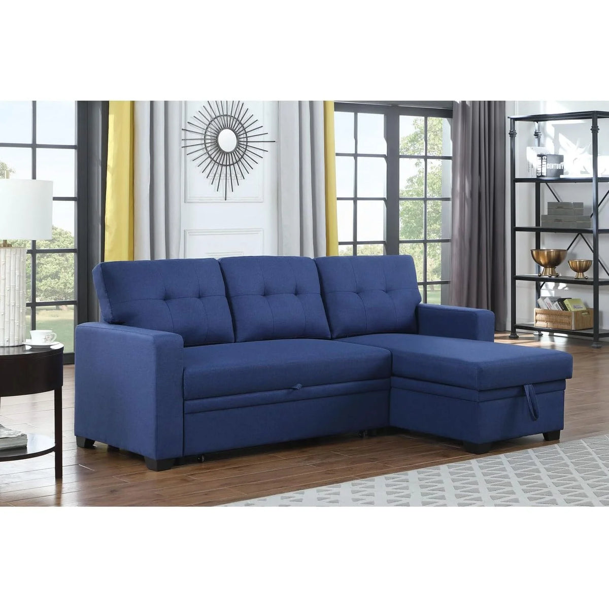 Blue Polyester Reversible Sleeper Sectional Sofa Y32099