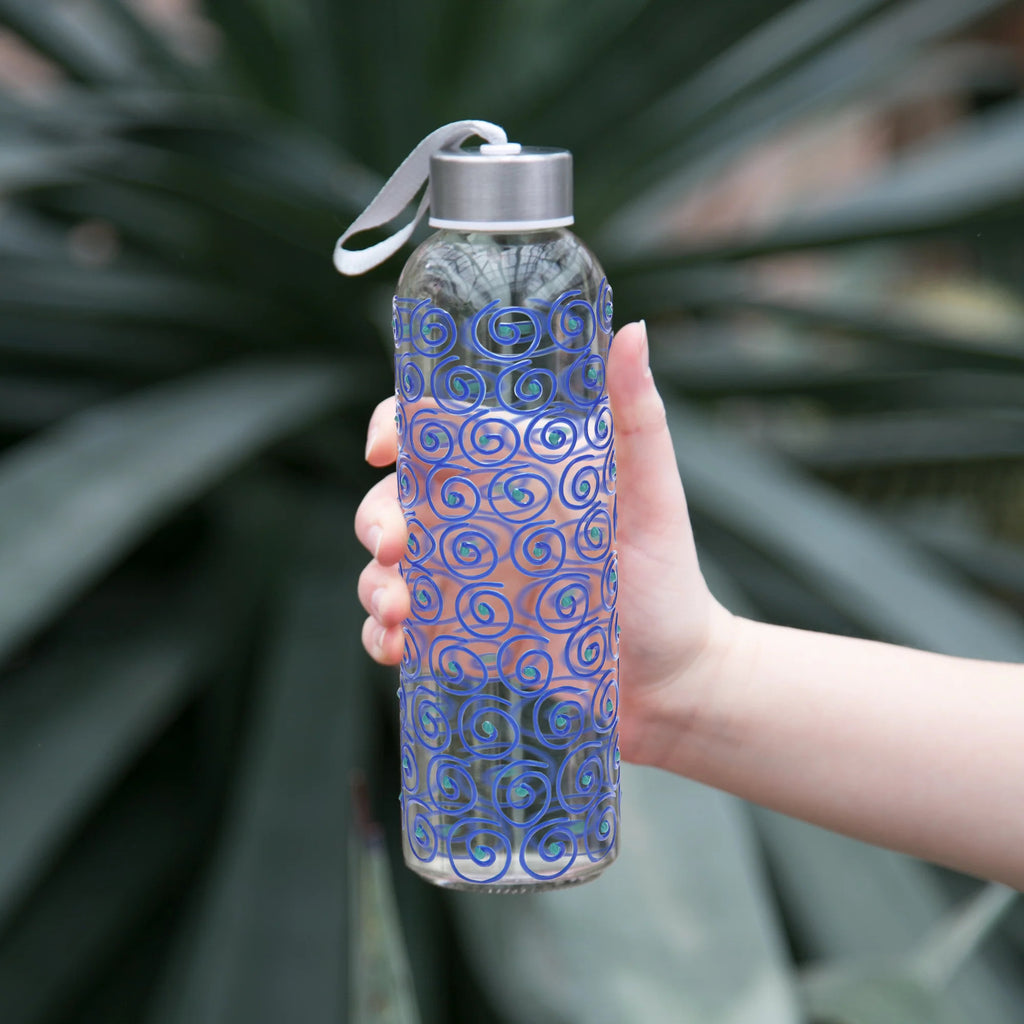 Blue Swirl 16.5 oz Hand Decorated Glass Water Bottle I1219