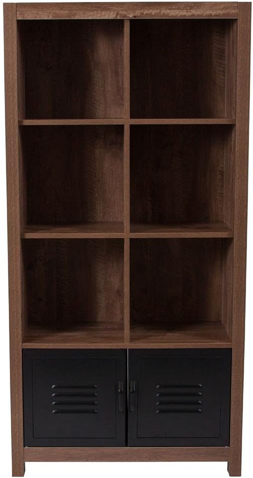 6 Cube Storage Organizer Bookcase with Metal Cabinet Doors in Crosscut Oak Wood Grain Finish C58578