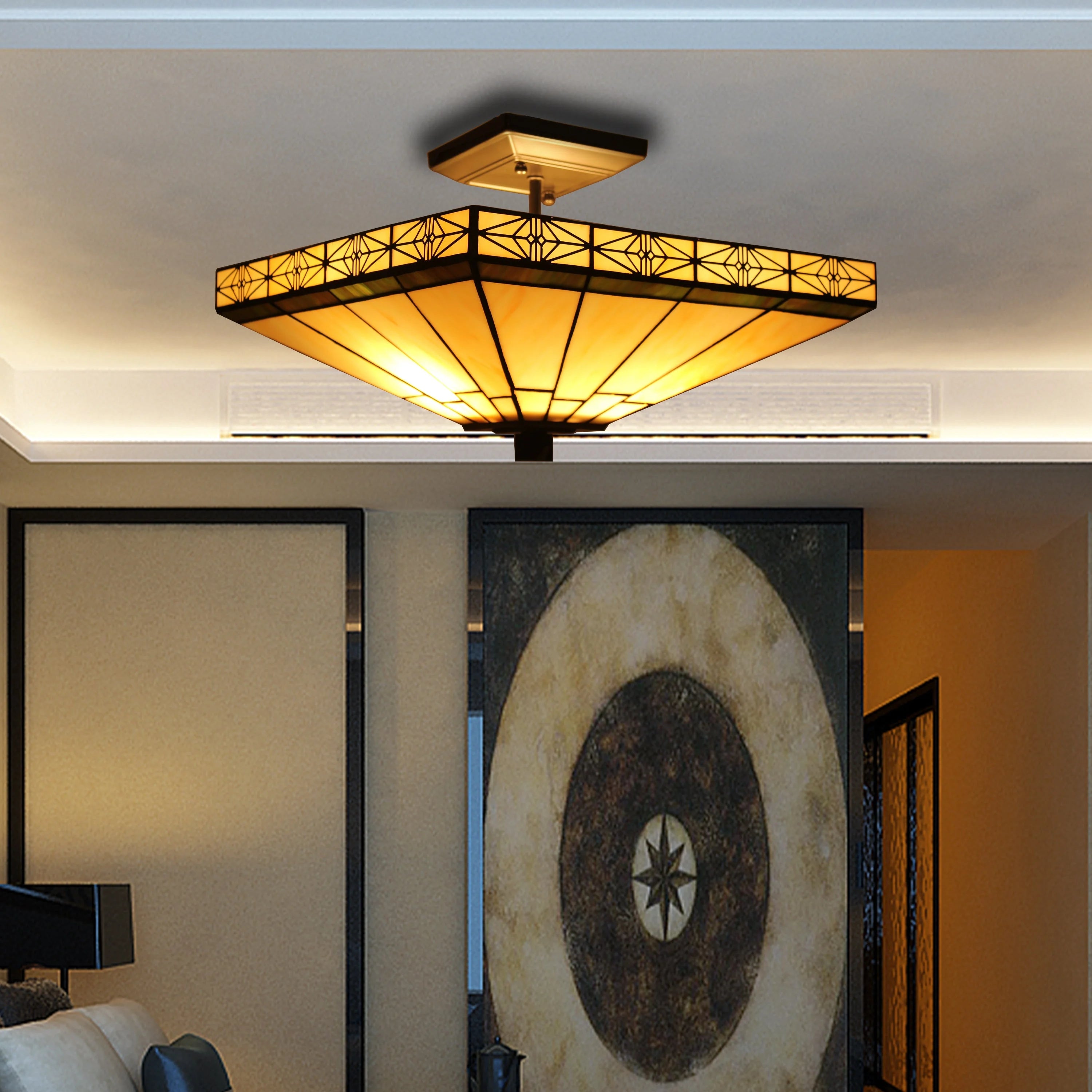 Tiffany-Style 2 Light Mission Semi-Flush Ceiling Fixture P40612
