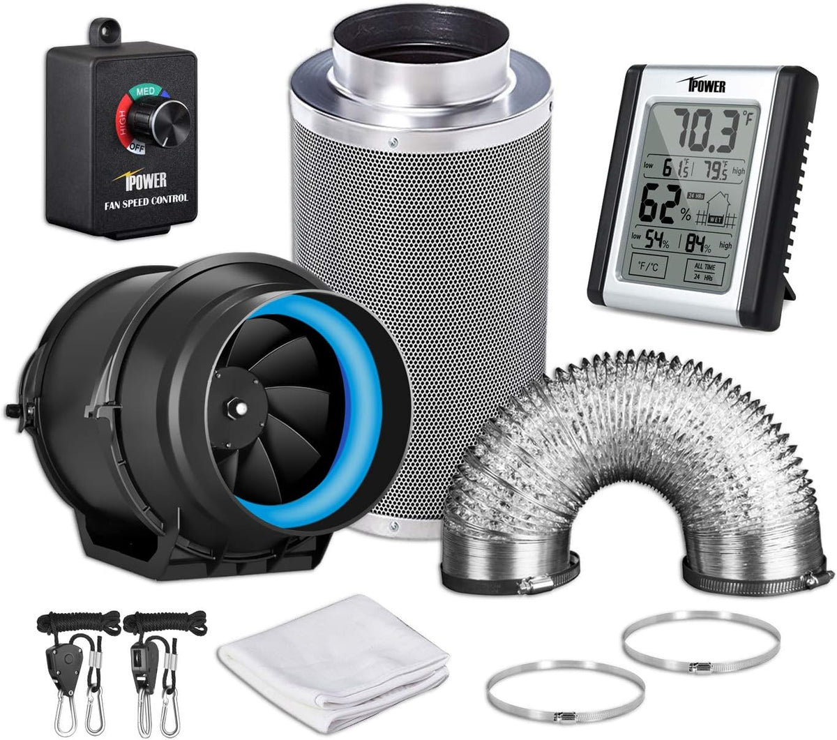 6 Inch 350 CFM Inline Carbon Filter with Fan Speed Controller and Temperature Humidity Monitor I9445