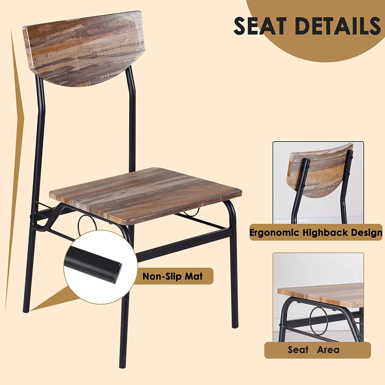 5 Piece Dining Table Set with 4 Chairs and Storage Rack, Wooden Top and Metal Legs, Rustic Brown H164209