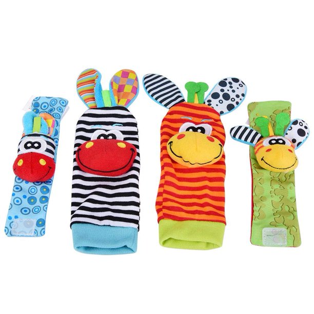 Baby Wrist Rattle and Socks Rattle Set, Soft Animal Toy (4 Pack) A3915