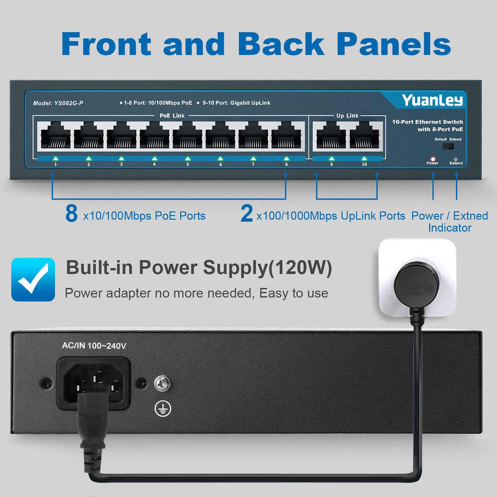 10 Port PoE Switch, 8 PoE+ Port 100Mbps, 2 Gigabit Uplink, 120W, Metal, Fanless, Pack of 2 U49302
