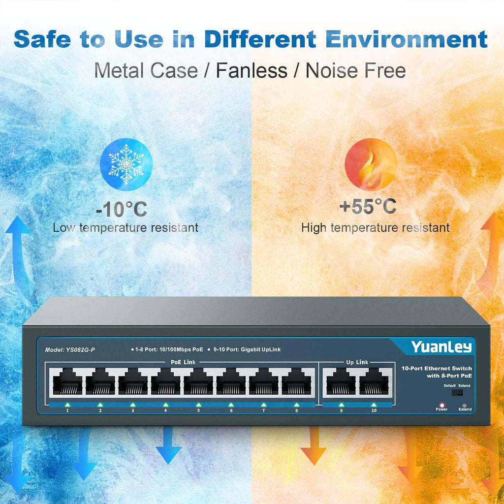 10 Port PoE Switch, 8 PoE+ Port 100Mbps, 2 Gigabit Uplink, 120W, Metal, Fanless, Pack of 2 U49302