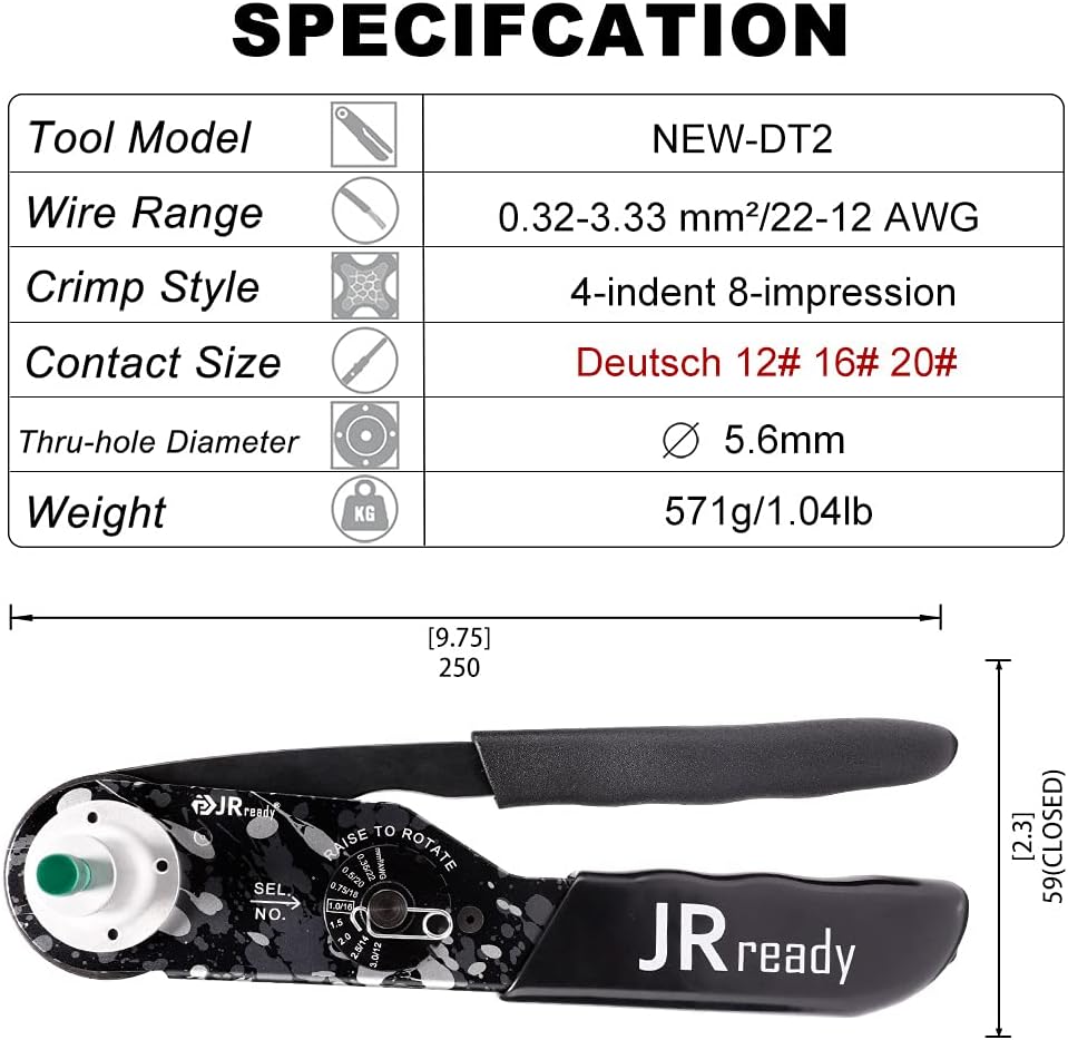 DT2 Solid Barrel Crimping Tool Kit with Removal Tool Kit for 12 to 22 AWG Wire Harness DT Series Closed Barrel Terminals V254717