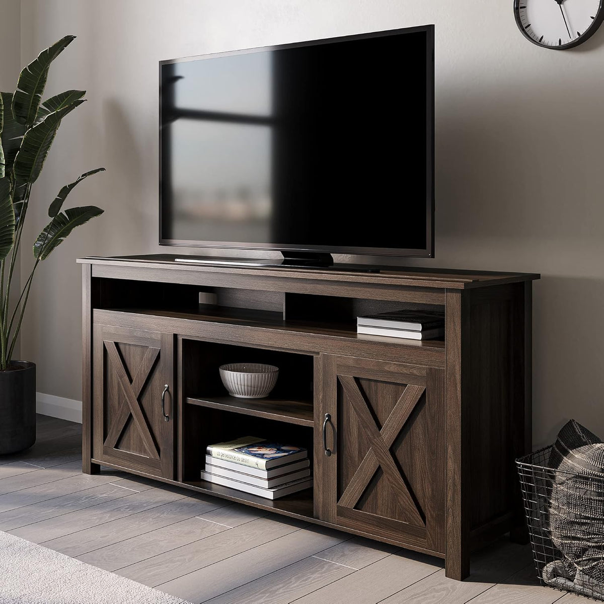 Modern Barn Door Wood Electric Fireplace TV Stand with Two Open Shelves and Cabinets Y310065