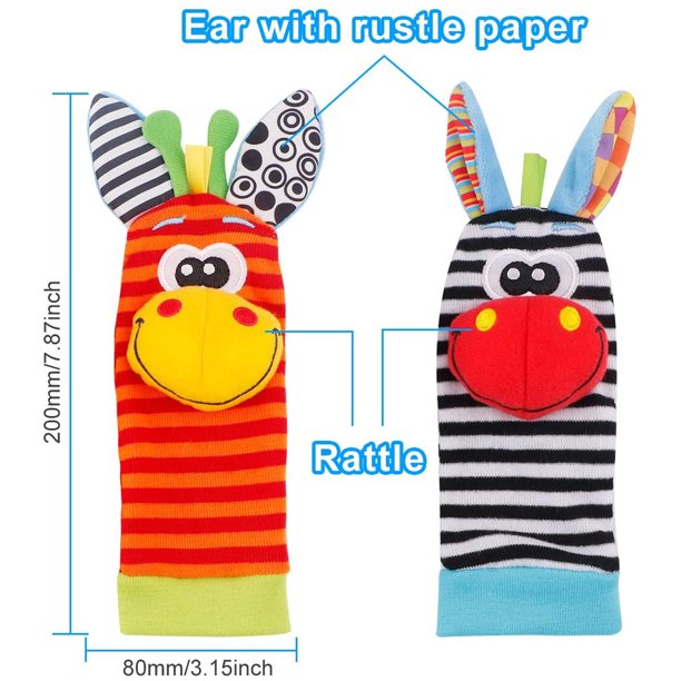 Baby Wrist Rattle and Socks Rattle Set, Soft Animal Toy (4 Pack) A3915