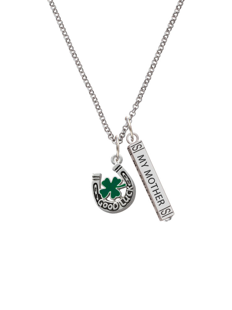 Good Luck Horseshoe Green Four Leaf Clover Bar Charm Necklace, 23" N41912