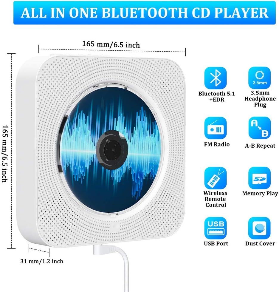 CD Player with Bluetooth, Portable Wall Mountable CD Player with Dust Cover, Home Audio Boombox with Remote Control FM Radio Colorful Light MP3 Headphone Jack AUX Input Output Pack of 2 Q9175