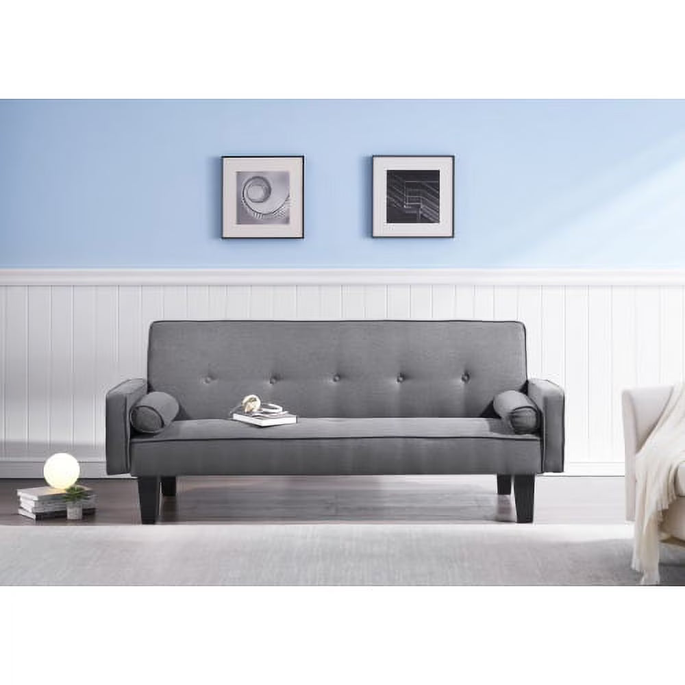 72" Dark Grey Cotton Linen Convertible Sofa Bed with Two Pillows J124015