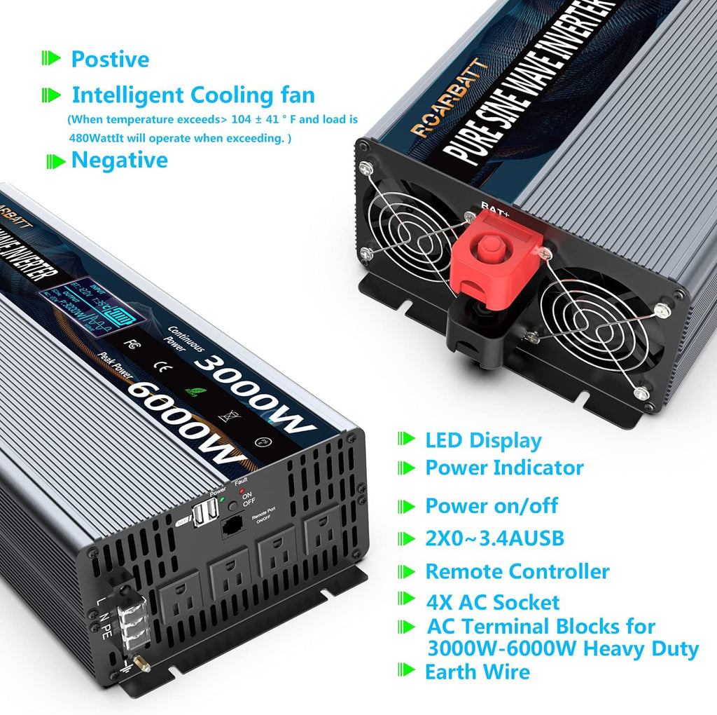 3000Watt 12V DC to AC 110V 120V Power Inverter with Remote Control 4 AC Outlets Dual USB Port B5989