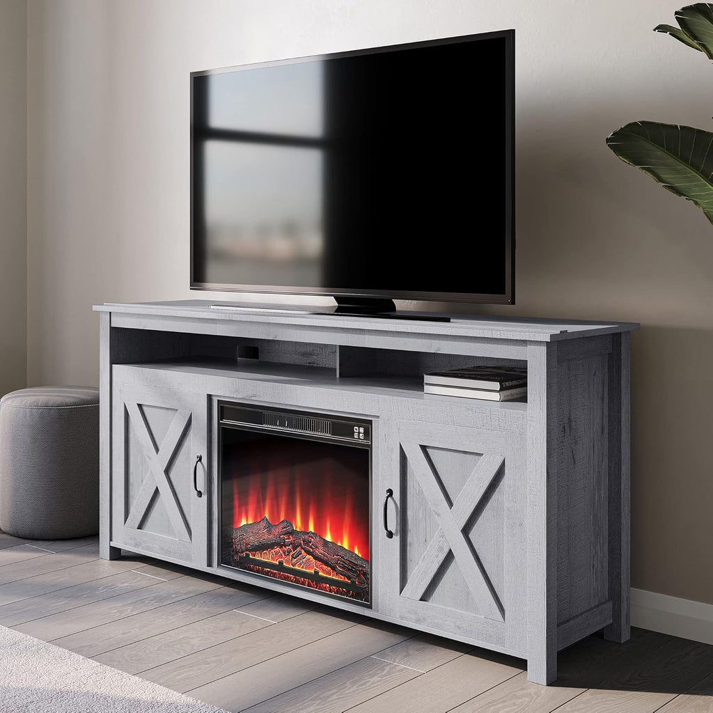 Modern Barn Door Wood Electric Fireplace TV Stand with Two Open Shelves and Cabinets Y310065