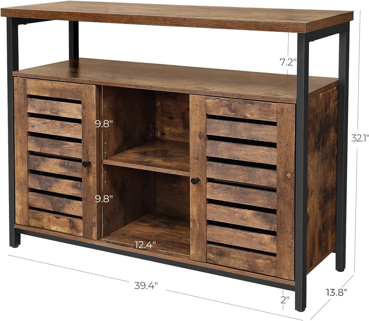 Rustic Brown and Black Storage Sideboard with Cupboard and Shelves P555