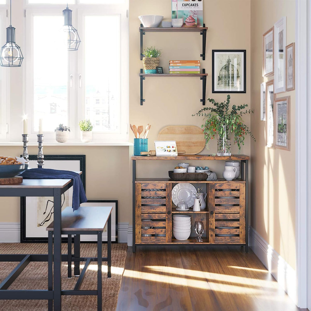 Rustic Brown and Black Storage Sideboard with Cupboard and Shelves P555