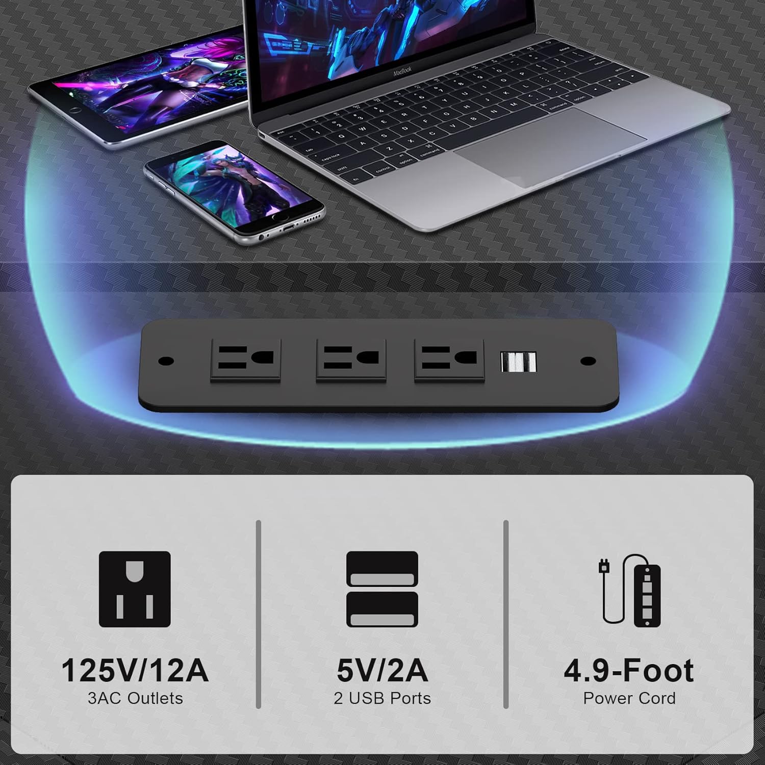 Black L Shaped Gaming Desk with LED Lights and Power Strip X6223