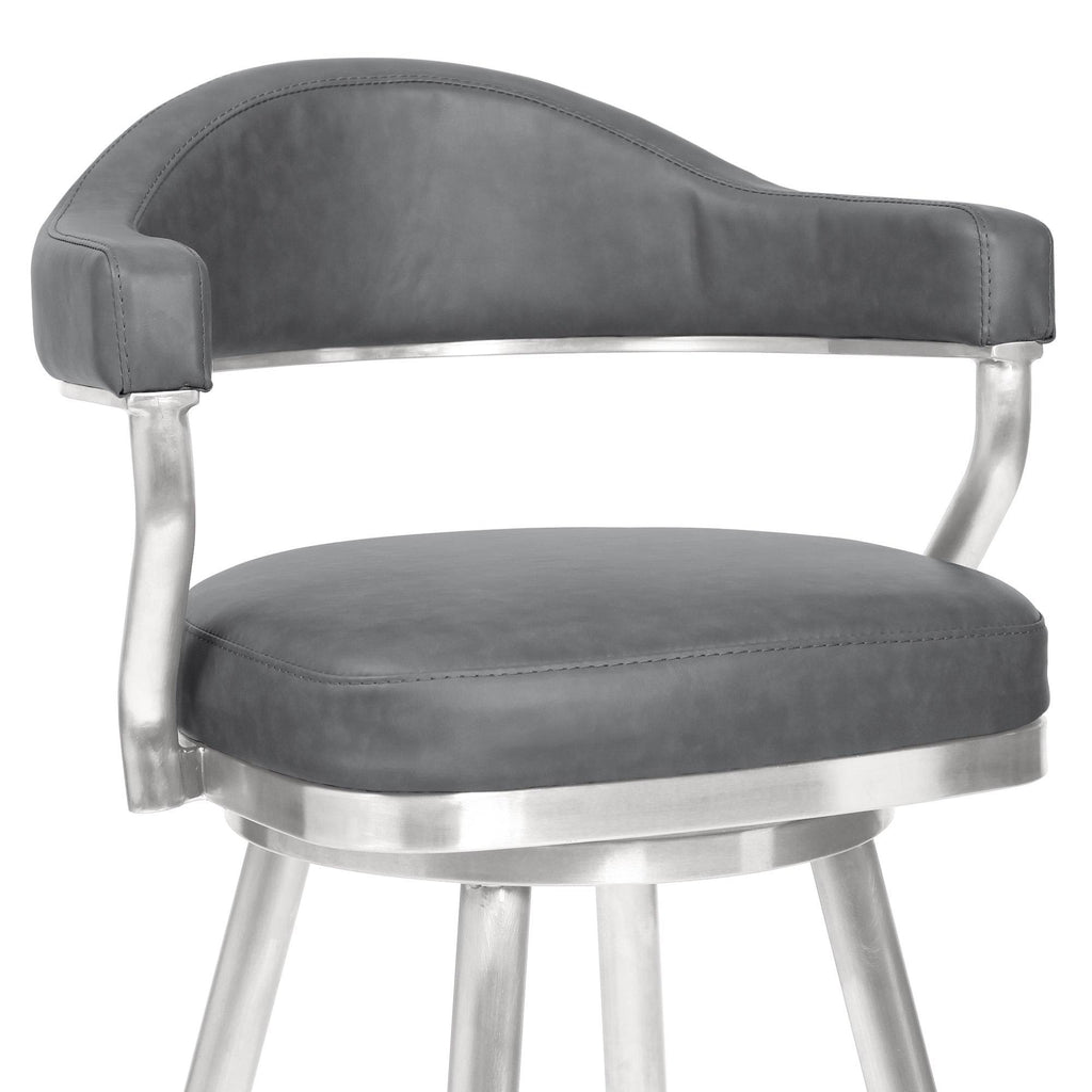 26 inch Counter Height Barstool in Brushed Stainless Steel and Vintage Grey Faux Leather N545790
