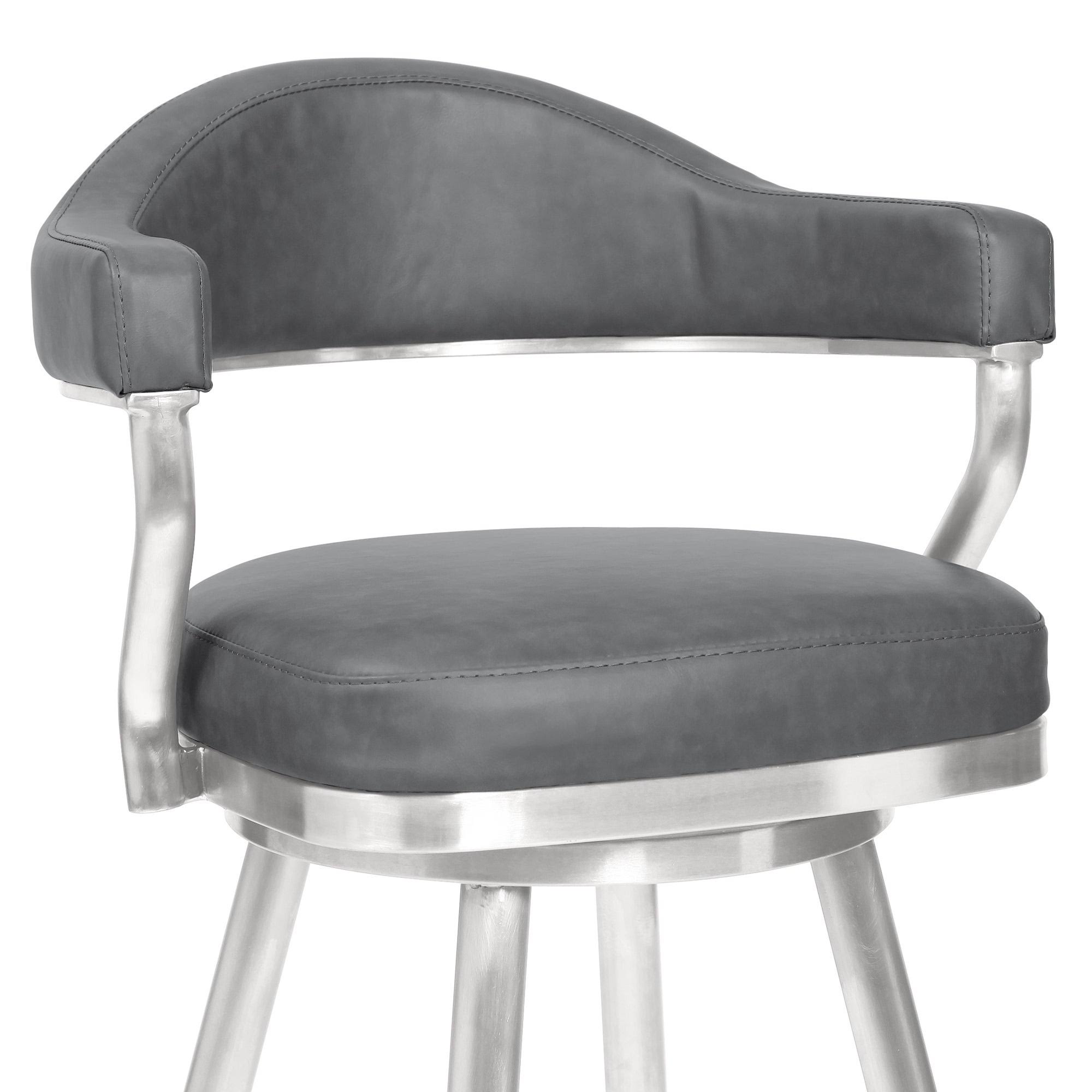 26 inch Counter Height Barstool in Brushed Stainless Steel and Vintage Grey Faux Leather N545790