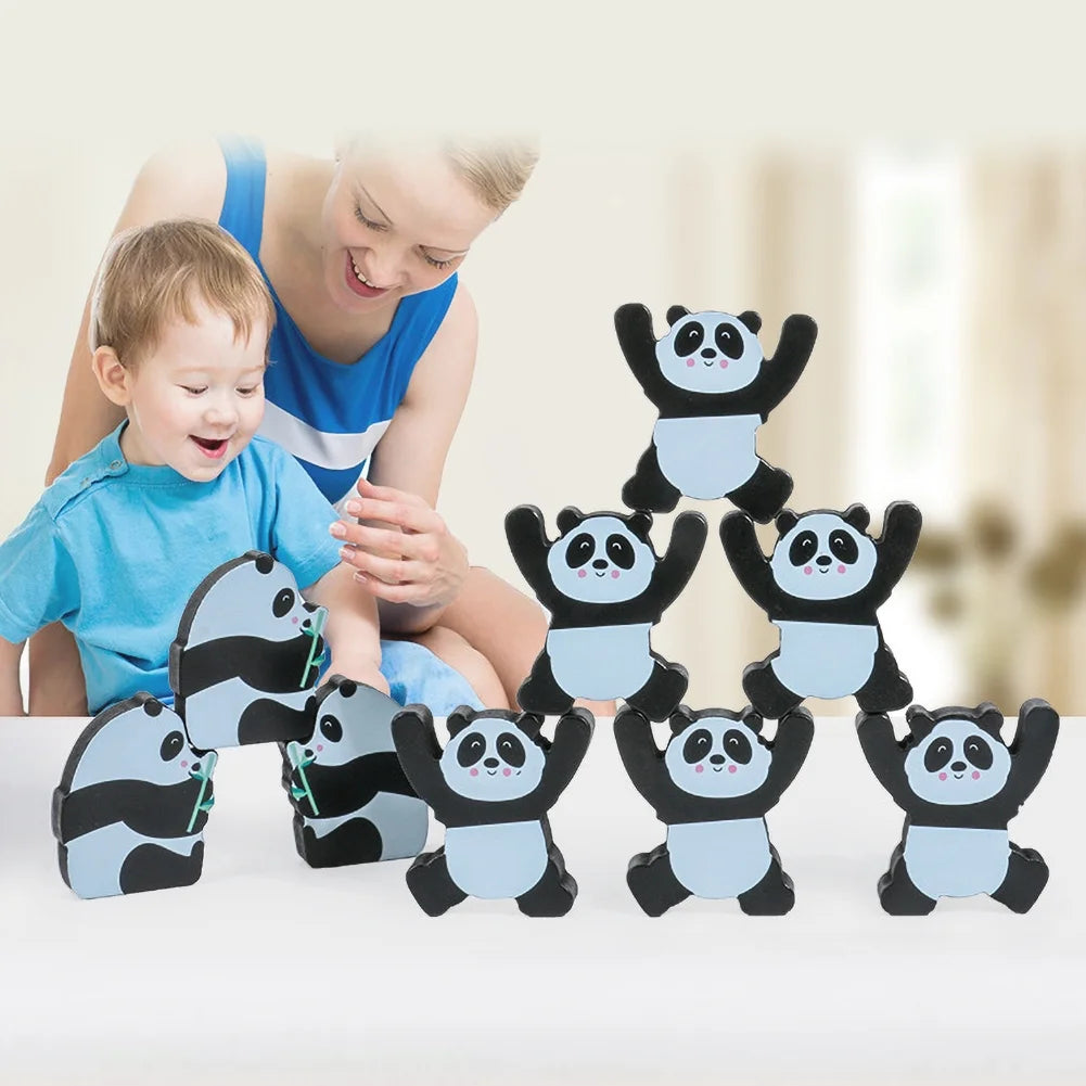 12Pcs Wooden Panda Building Blocks Stacking Toy Set B694393