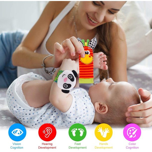 Baby Wrist Rattle and Socks Rattle Set, Soft Animal Toy (4 Pack) A3915