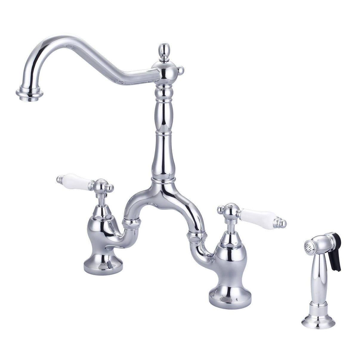 Polished Chrome Kitchen Bridge Faucet with Sidespray and Lever Handle O568